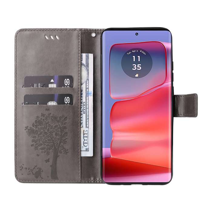 For Motorola Edge 50 Pro Tree & Cat Embossed Pattern Flip Leather Phone Case(Grey)