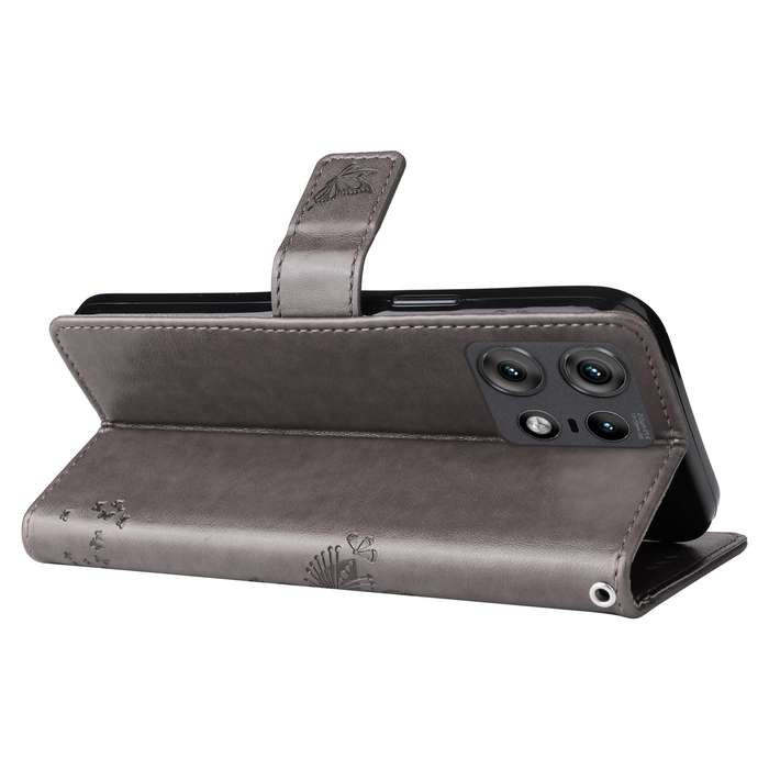 For Motorola Edge 50 Pro Tree & Cat Embossed Pattern Flip Leather Phone Case(Grey)
