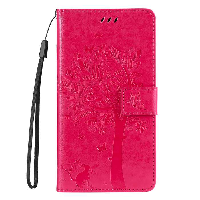 For Xiaomi Poco F6 Tree & Cat Embossed Pattern Flip Leather Phone Case(Rose Red)
