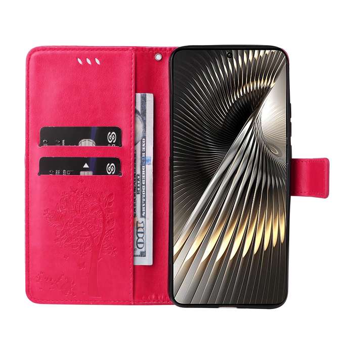For Xiaomi Poco F6 Tree & Cat Embossed Pattern Flip Leather Phone Case(Rose Red)