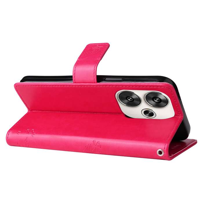 For Xiaomi Poco F6 Tree & Cat Embossed Pattern Flip Leather Phone Case(Rose Red)