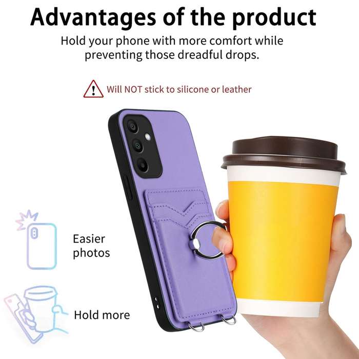For Samsung Galaxy A15 4G Global R20 Crossbody Rope Ring Card Holder Phone Case(Purple)