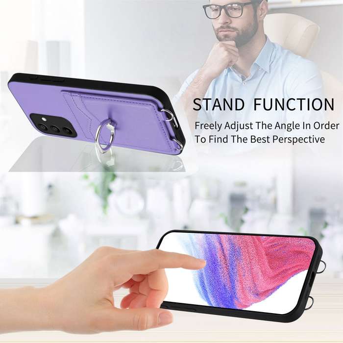 For Samsung Galaxy A15 4G Global R20 Crossbody Rope Ring Card Holder Phone Case(Purple)