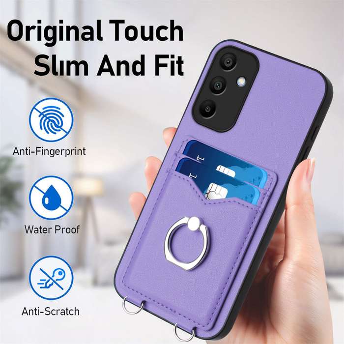 For Samsung Galaxy A15 4G Global R20 Crossbody Rope Ring Card Holder Phone Case(Purple)