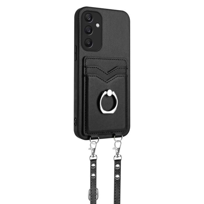 For Samsung Galaxy A25 5G Global R20 Crossbody Rope Ring Card Holder Phone Case(Black)