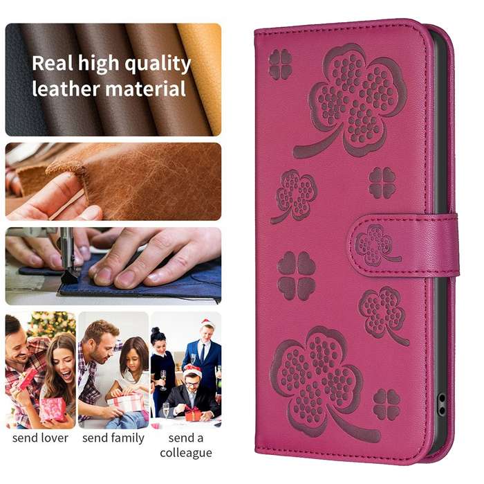 For Samsung Galaxy S24 FE 5G Four-leaf Embossed Leather Phone Case(Rose Red)