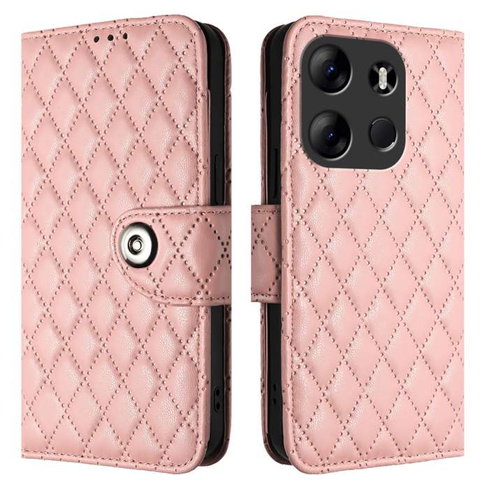 For Tecno Pop 7 / Pop 7 Pro Rhombic Texture Flip Leather Phone Case with Lanyard(Coral Pink)