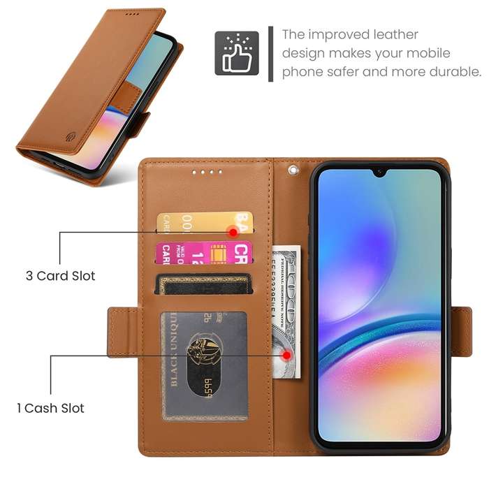 For Samsung Galaxy A05s Side Buckle Magnetic Frosted Leather Phone Case(Brown)