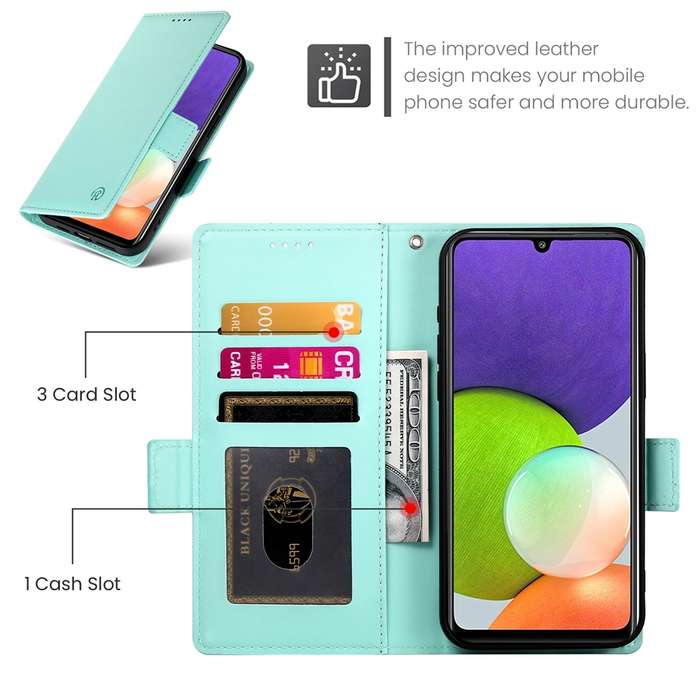 For Samsung Galaxy A22 4G Side Buckle Magnetic Frosted Leather Phone Case(Mint Green)