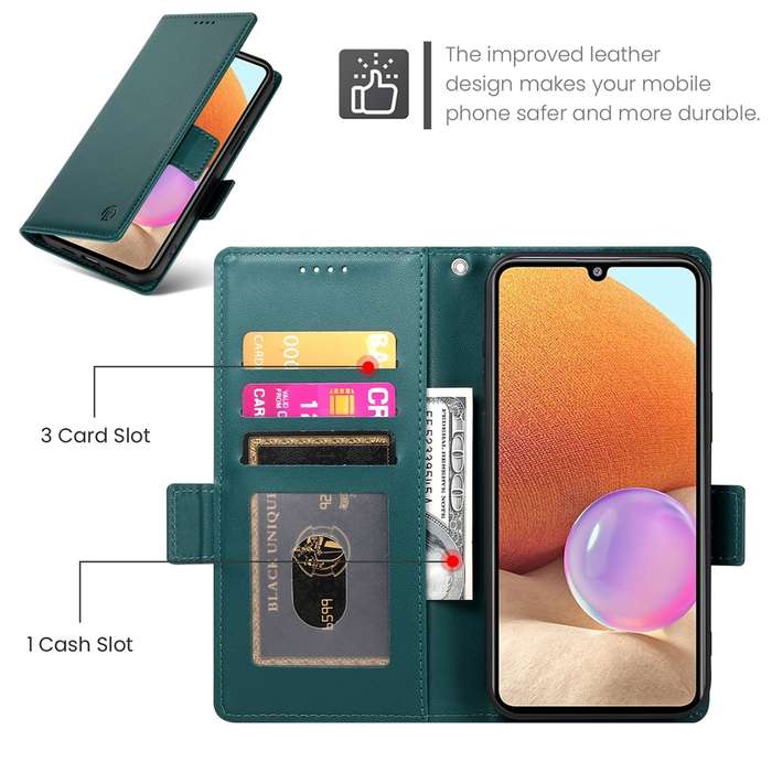 For Samsung Galaxy A32 4G Side Buckle Magnetic Frosted Leather Phone Case(Dark Green)