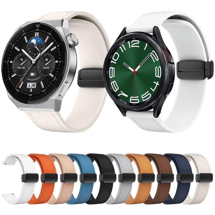 20mm Magnetic Black Buckle Silicone Leather Watch Band(White)