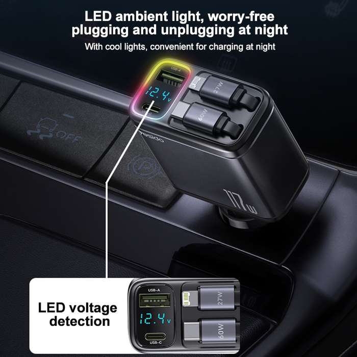 Yesido Y63 4 in 1 117W USB-C / Type-C+USB Multifunctional Retractable Dual Line Digital Display Car