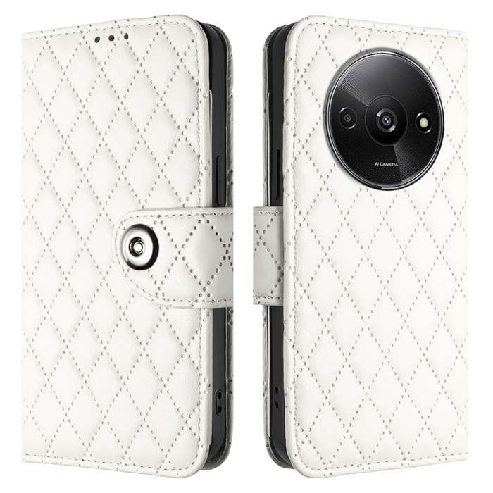 For Xiaomi Poco C61 Rhombic Texture Flip Leather Phone Case with Lanyard(White)