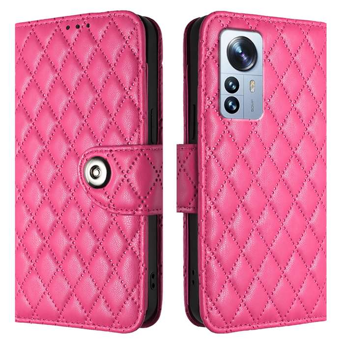 For Xiaomi 12 Pro / 12S Pro Rhombic Texture Flip Leather Phone Case with Lanyard(Rose Red)