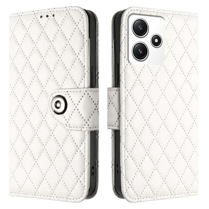 For Redmi 12 5G Global / India Rhombic Texture Flip Leather Phone Case with Lanyard(White)