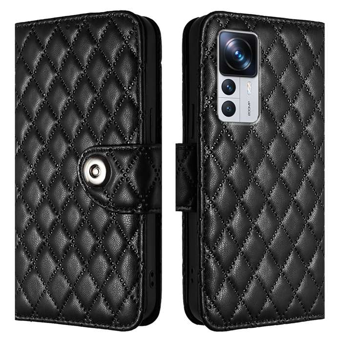 For Redmi K50 Ultra Rhombic Texture Flip Leather Phone Case with Lanyard(Black)