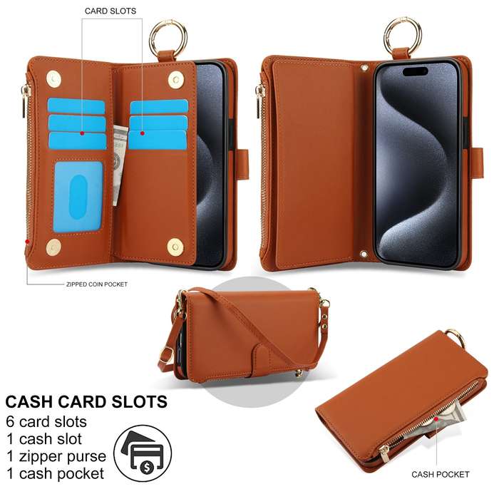 For iPhone 11 Pro Max Crossbody Ring Multifunctional Wallet Leather Phone Case(Brown)