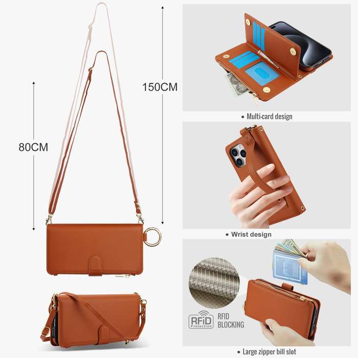 For iPhone 11 Pro Max Crossbody Ring Multifunctional Wallet Leather Phone Case(Brown)