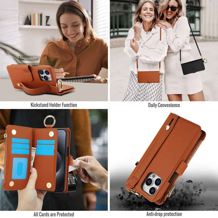 For iPhone 11 Pro Max Crossbody Ring Multifunctional Wallet Leather Phone Case(Brown)
