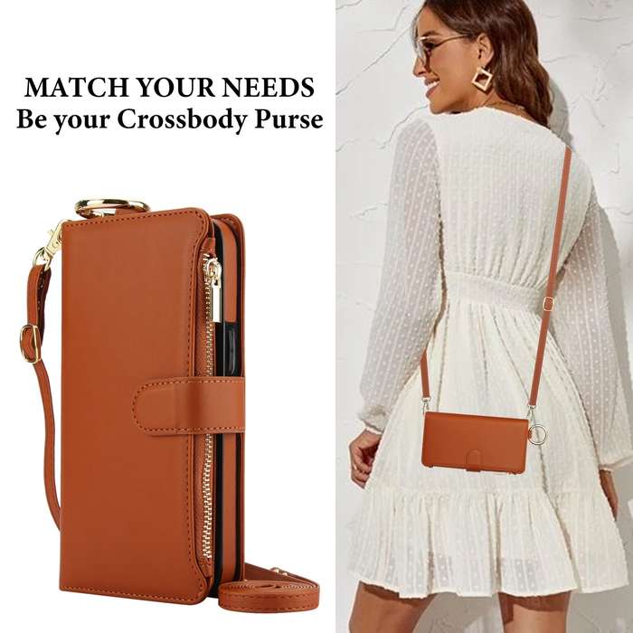 For iPhone 11 Pro Max Crossbody Ring Multifunctional Wallet Leather Phone Case(Brown)