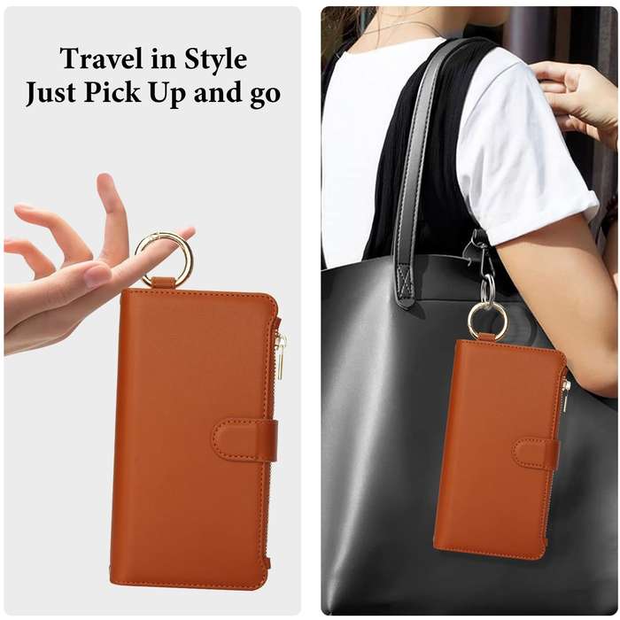 For iPhone 11 Pro Max Crossbody Ring Multifunctional Wallet Leather Phone Case(Brown)