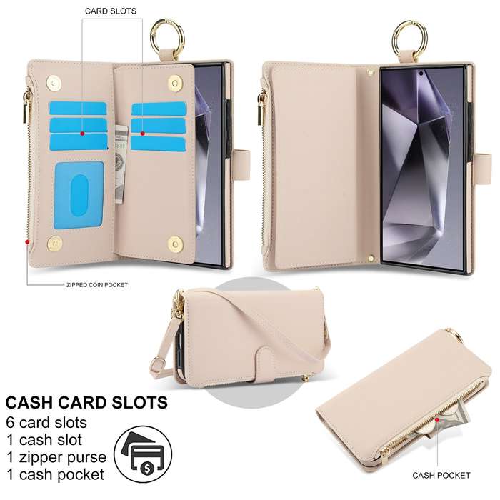 For Samsung Galaxy S24 Ultra 5G Crossbody Ring Multifunctional Wallet Leather Phone Case(White)