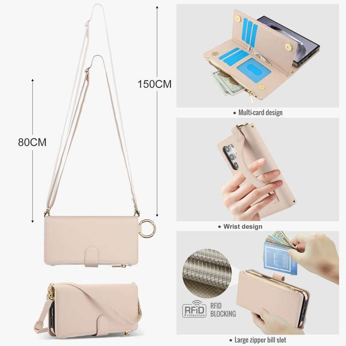For Samsung Galaxy S24 Ultra 5G Crossbody Ring Multifunctional Wallet Leather Phone Case(White)