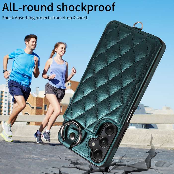 For Samsung Galaxy A05s Rhombic Texture Card Bag Phone Case with Short Lanyard(Green)