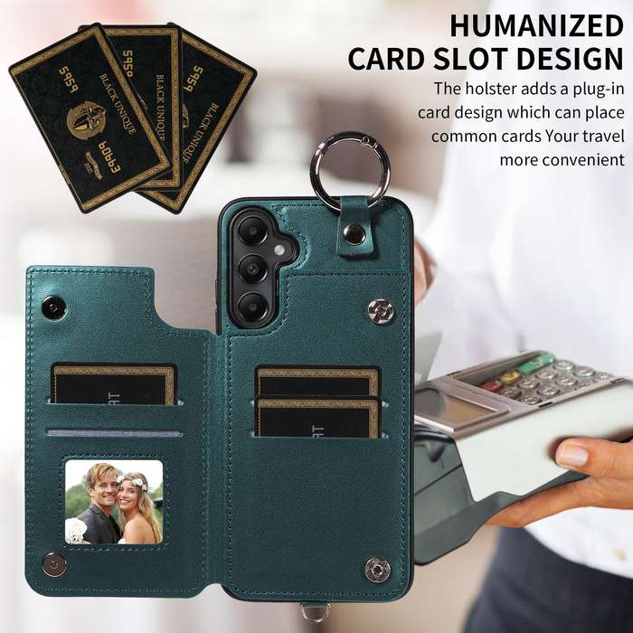 For Samsung Galaxy A05s Rhombic Texture Card Bag Phone Case with Short Lanyard(Green)