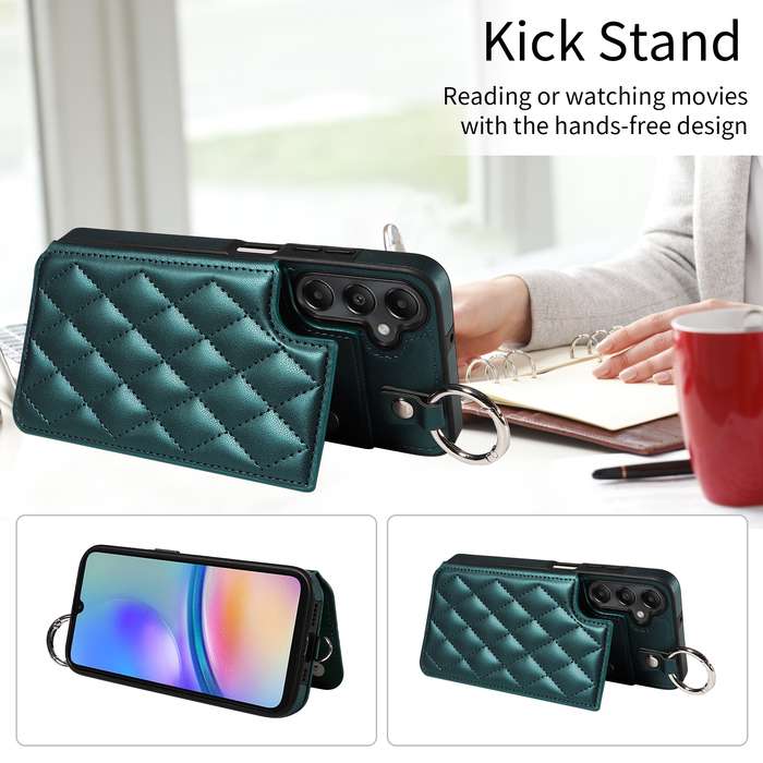 For Samsung Galaxy A05s Rhombic Texture Card Bag Phone Case with Short Lanyard(Green)