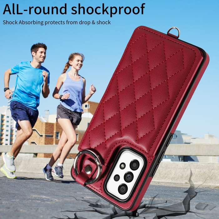 For Samsung Galaxy A53 5G Rhombic Texture Card Bag Phone Case with Short Lanyard(Wine Red)