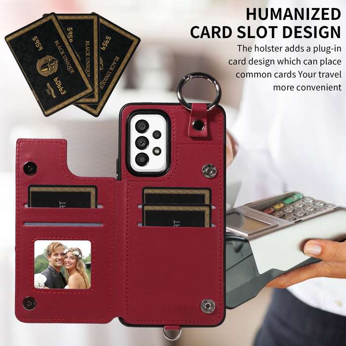 For Samsung Galaxy A53 5G Rhombic Texture Card Bag Phone Case with Short Lanyard(Wine Red)
