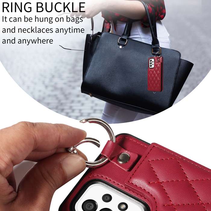 For Samsung Galaxy A53 5G Rhombic Texture Card Bag Phone Case with Short Lanyard(Wine Red)