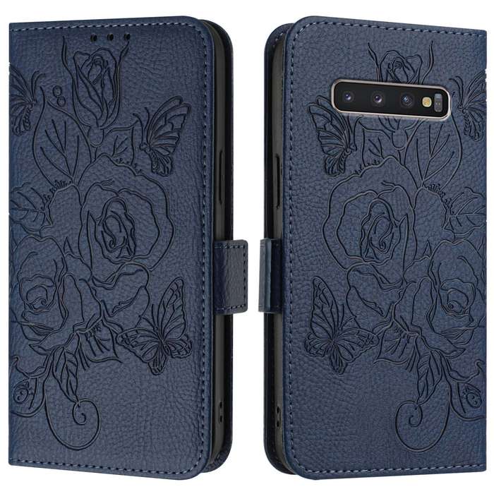 For Samsung Galaxy S10+ Embossed Rose RFID Anti-theft Leather Phone Case(Dark Blue)