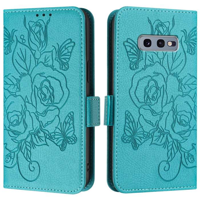 For Samsung Galaxy S10e Embossed Rose RFID Anti-theft Leather Phone Case(Light Blue)
