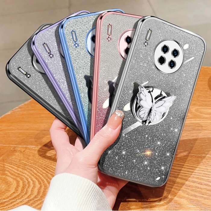 For Huawei Mate 30 Plated Gradient Glitter Butterfly Holder TPU Phone Case(Sierra Blue)
