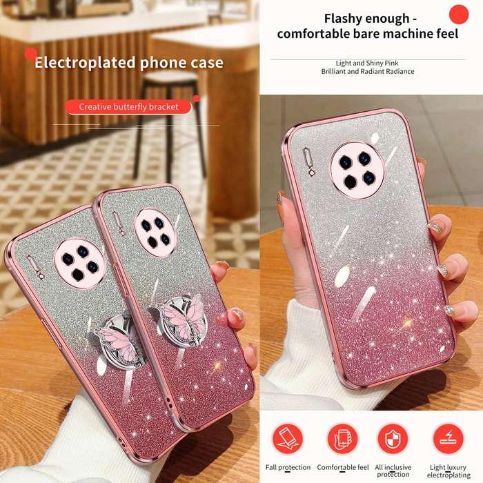 For Huawei Mate 30 Plated Gradient Glitter Butterfly Holder TPU Phone Case(Sierra Blue)