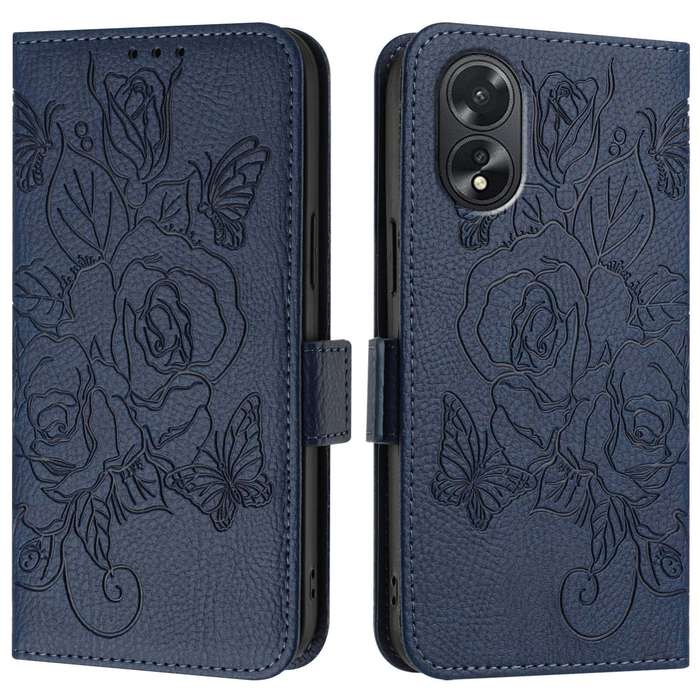For OPPO A38 4G / A18 4G Global Embossed Rose RFID Anti-theft Leather Phone Case(Dark Blue)