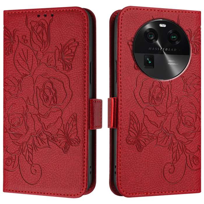 For OPPO Find X6 Pro Embossed Rose RFID Anti-theft Leather Phone Case(Red)