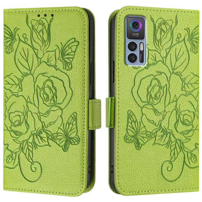 For TCL 30 5G / 4G / 30+ Embossed Rose RFID Anti-theft Leather Phone Case(Green)