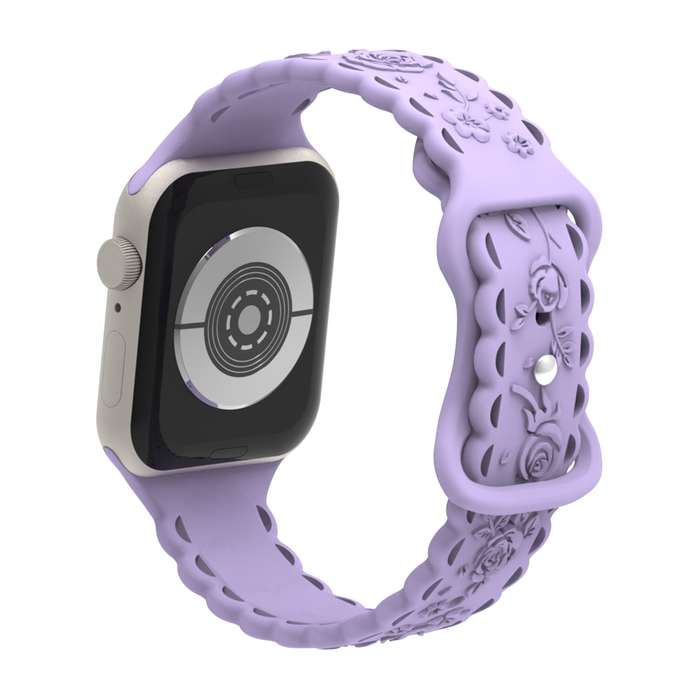 For Apple Watch Series 7 45mm Lace 3D Rose Embossed Silicone Watch Band(Light Purple)