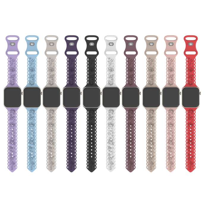 For Apple Watch Series 7 45mm Lace 3D Rose Embossed Silicone Watch Band(Light Purple)