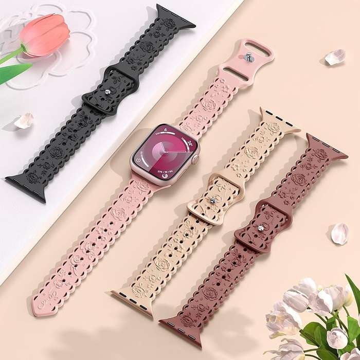 For Apple Watch Series 7 45mm Lace 3D Rose Embossed Silicone Watch Band(Light Purple)