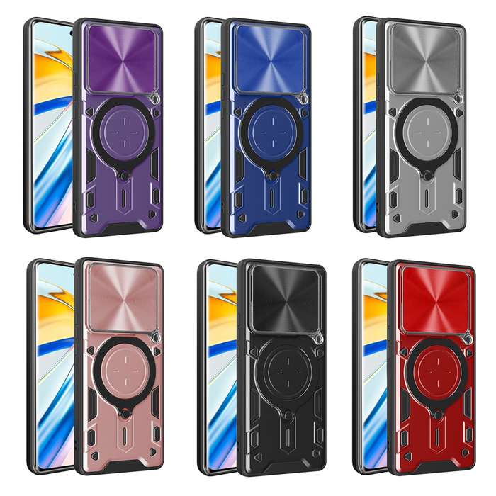 For Xiaomi Poco F6 Pro CD Texture Sliding Camshield Magnetic Holder Phone Case(Blue)