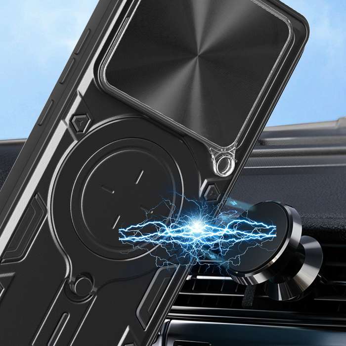 For Xiaomi Poco F6 Pro CD Texture Sliding Camshield Magnetic Holder Phone Case(Blue)