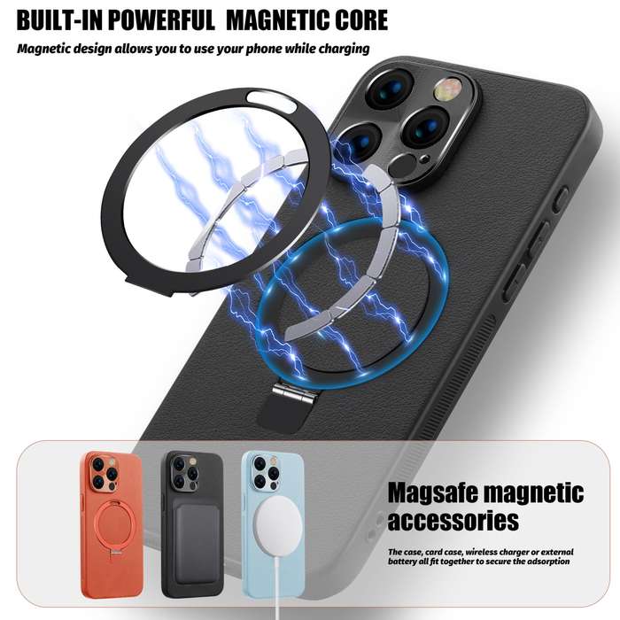 For iPhone 14 Pro Max MagSafe Rotation Holder PC + Leather Phone Case(Orange)