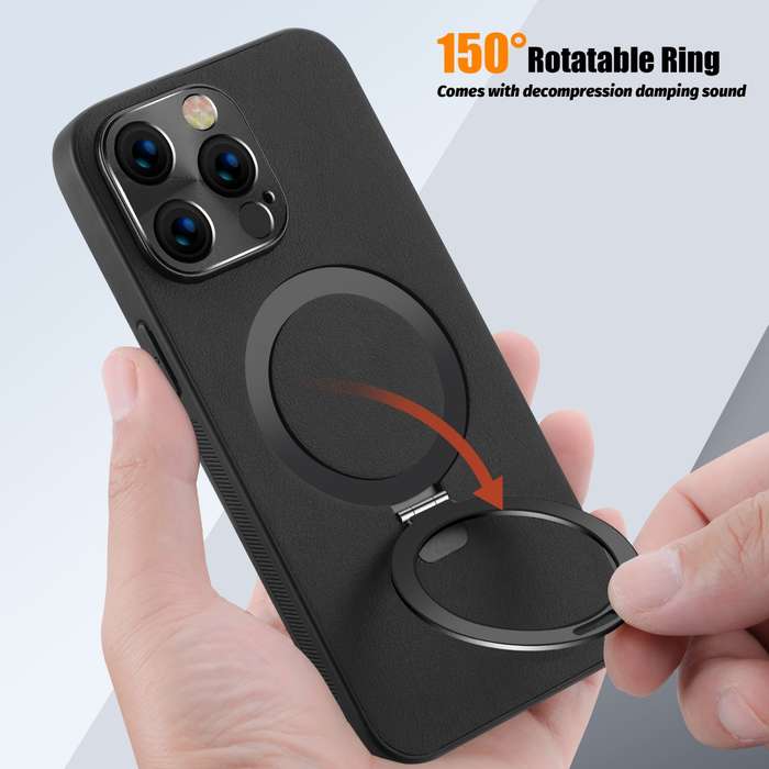 For iPhone 14 Pro Max MagSafe Rotation Holder PC + Leather Phone Case(Orange)