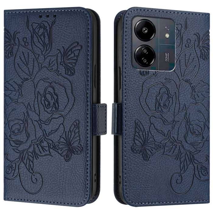 For Redmi 13C 4G Global / Xiaomi Poco C65 Embossed Rose RFID Anti-theft Leather Phone Case(Dark