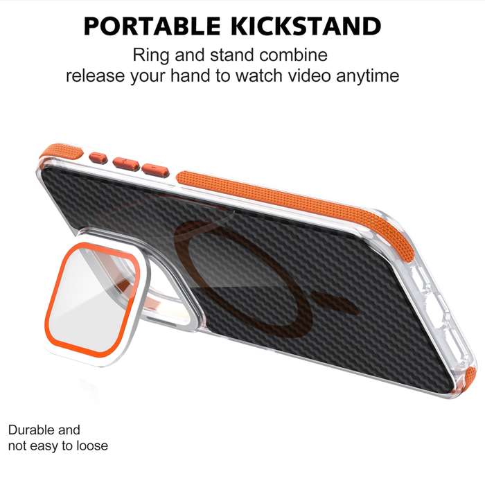 For iPhone 12 Pro / 12 Magsafe Dual-Color Carbon Fiber Lens Film Phone Case with Lens Fold Hold