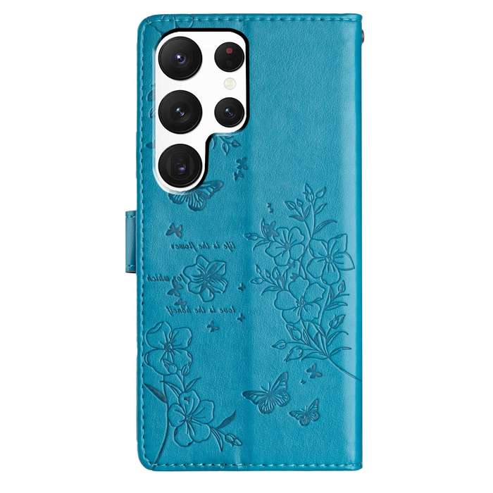 For Samsung Galaxy S22 Ultra 5G Butterflies and Flowers Leather Phone Case(Blue)